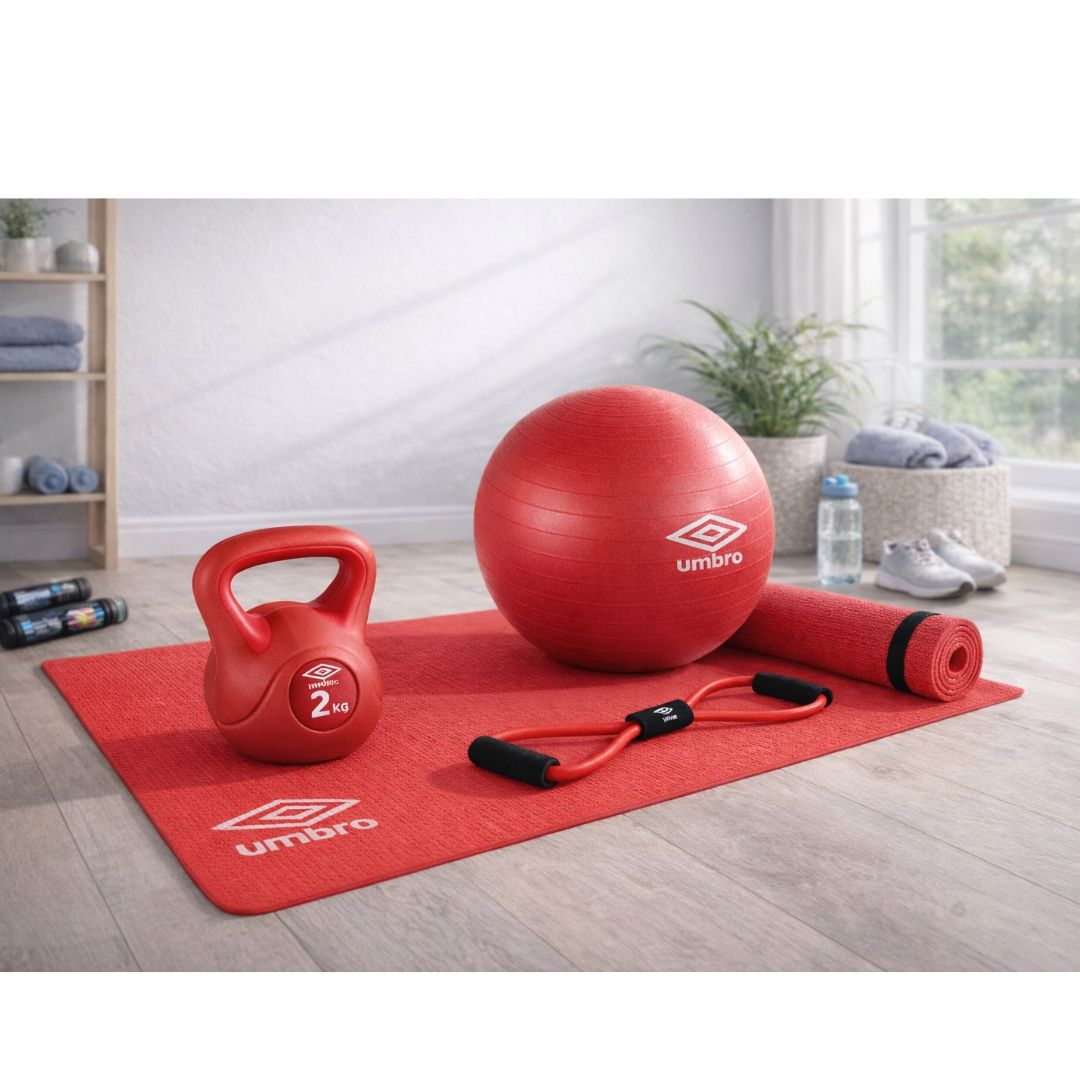 Set Fitness Umbro - Tappetino, Palla, Elastico e Kettlebell 2kg per Allenamento Completo e Funzionale-Rosso