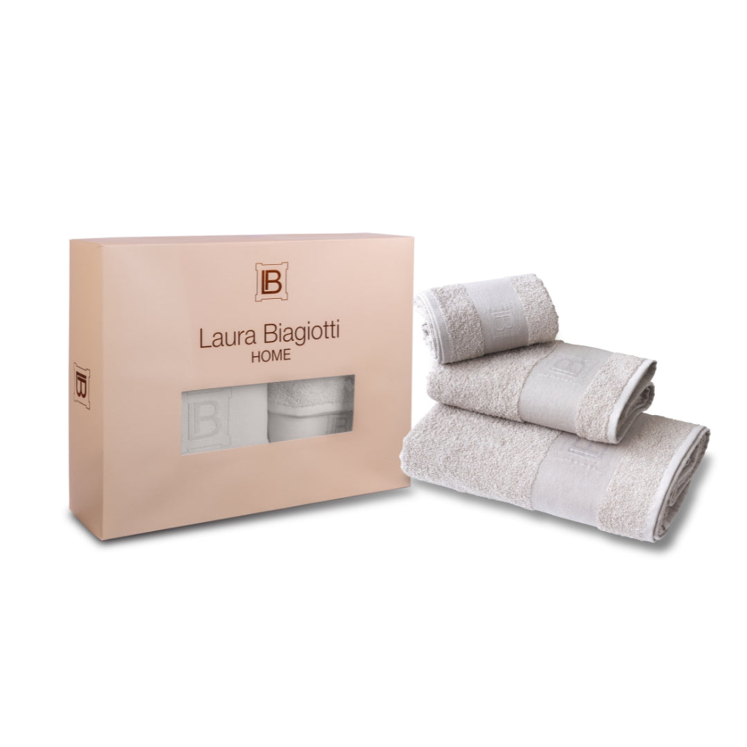 Set Spugna Laura Biagiotti in Scatola con Asciugamano Viso,Ospite e Telo Bagno,Tinta Unita color Corda