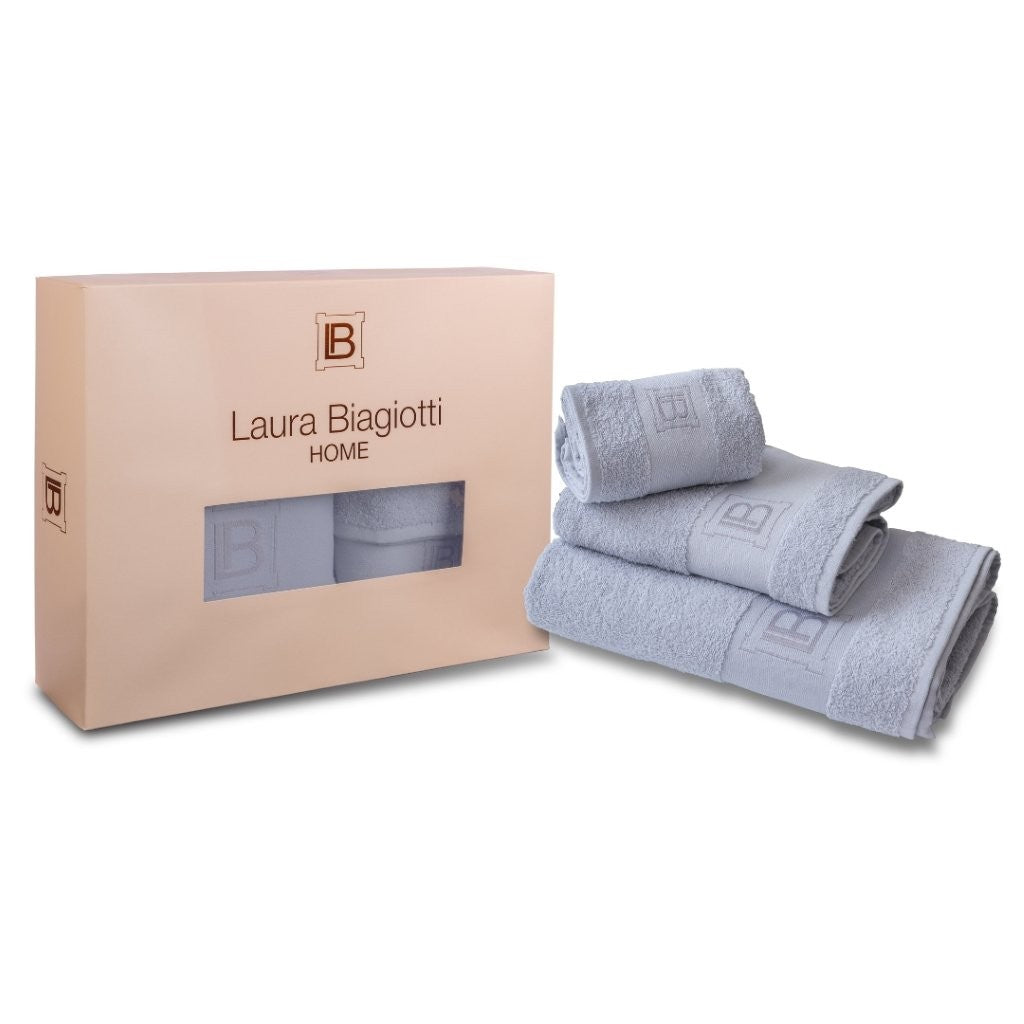 Set Spugna Laura Biagiotti in Scatola con Asciugamano Viso,Ospite e Telo Bagno,Tinta Unita color Argento