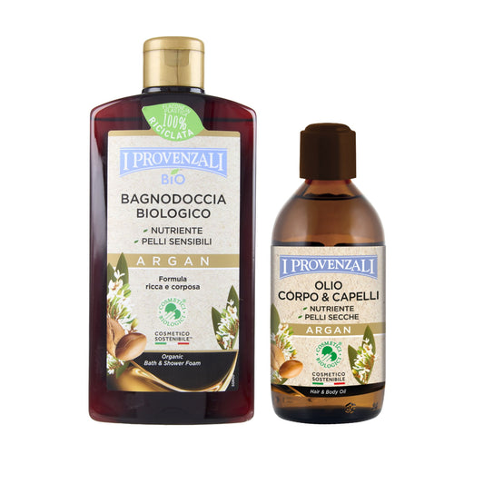 I PROVENZALI - Kit Bagnodoccia Biologico Argan e Olio Biologico Corpo e Capelli Argan - Effetto seta - 400ml + 200ml
