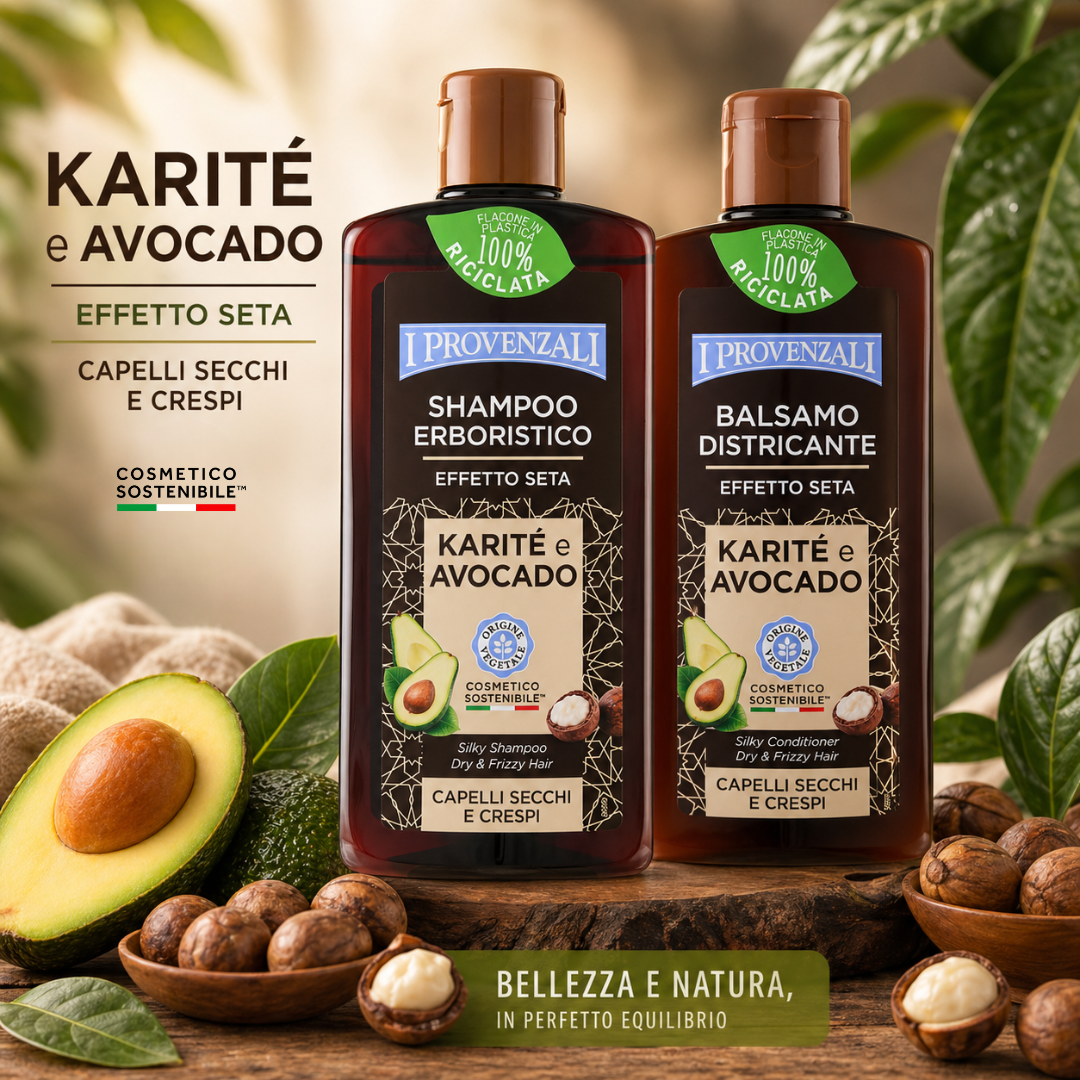 I PROVENZALI - Kit Shampoo e Balsamo Erboistico Karitè e Avocado per capelli Secchi e Crespi - 250ml + 200ml