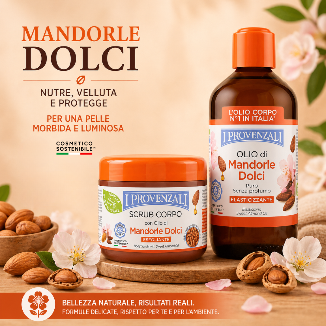 I PROVENZALI - Kit Scrub Corpo Esfoliante e Olio Corpo e Massaggi Mandorle Dolci Elasticizzante - 600gr + 250ml