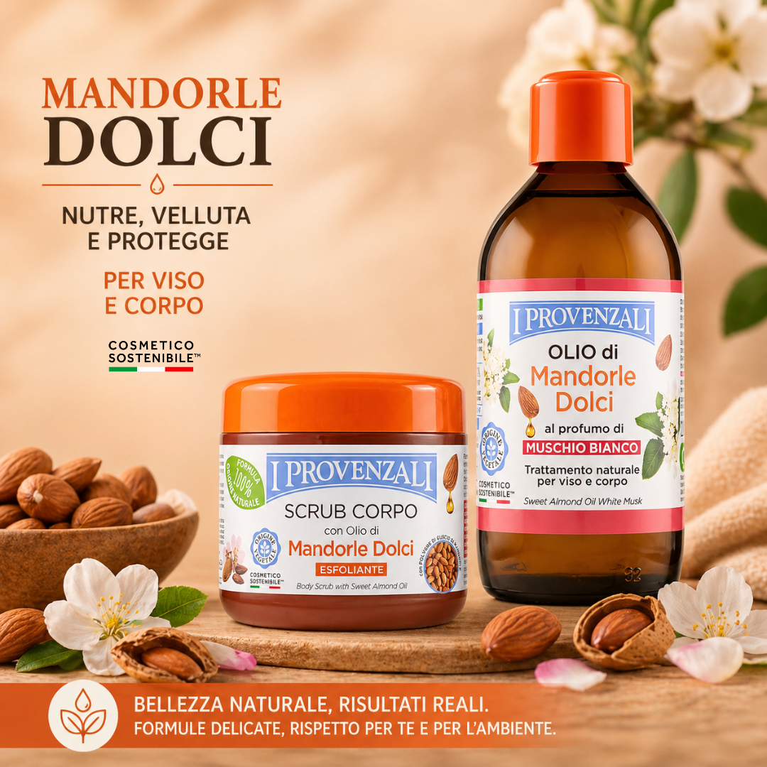 I PROVENZALI - Kit Scrub Corpo Esfoliante e Olio Corpo e Massaggi Mandorle DolciProfumato Muschio Bianco - 600gr + 200ml