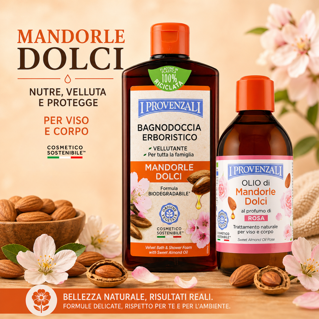 I PROVENZALI - Kit Bagnodoccia Erboristico Mandorle Dolci e  Olio Corpo e Massaggi Mandorle Dolci Profumato Rosa - 400ml + 200ml