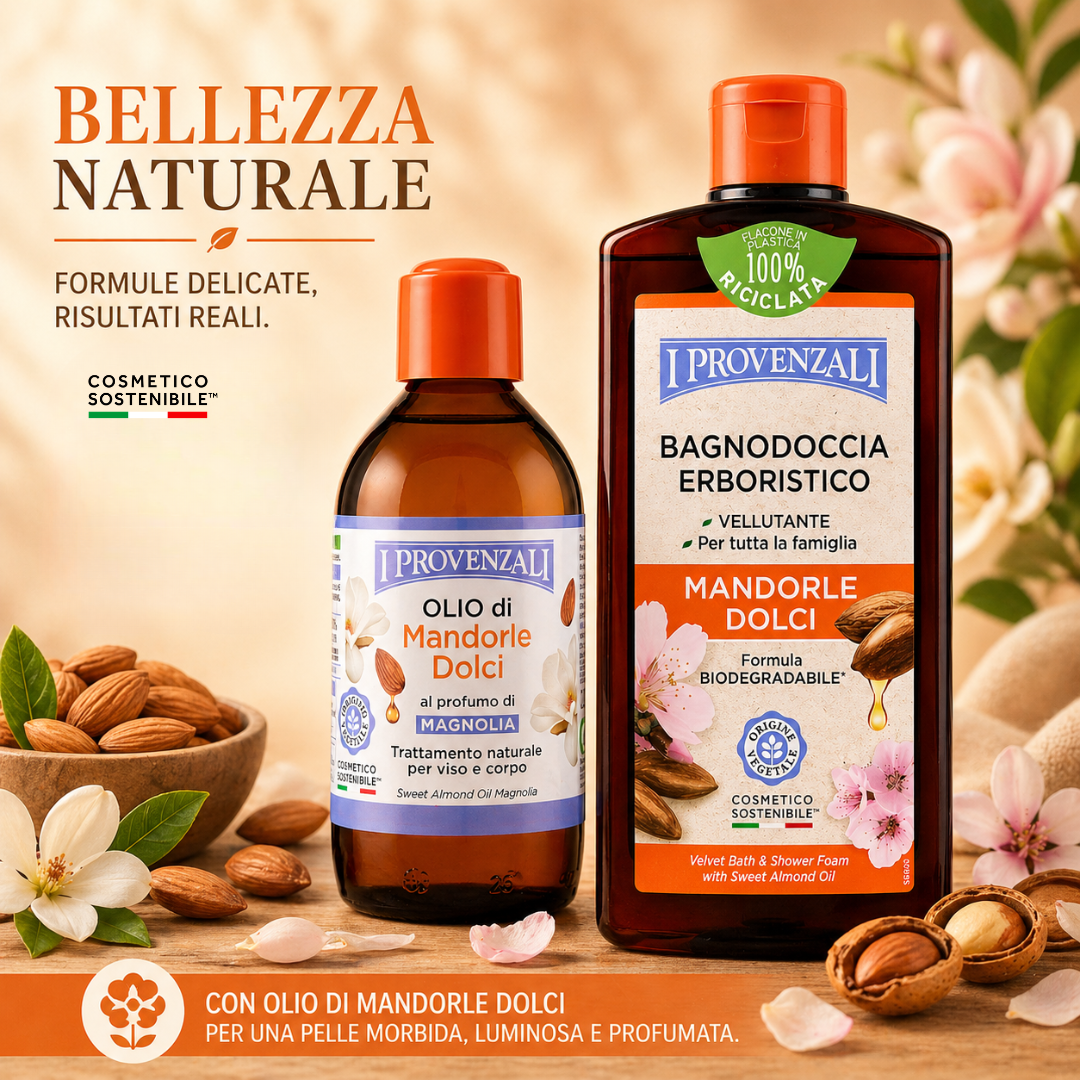 I PROVENZALI - Kit Bagnodoccia Erboristico Mandorle Dolci e  Olio Corpo e Massaggi Mandorle Dolci Profumato - Magnolia - 400ml + 200ml
