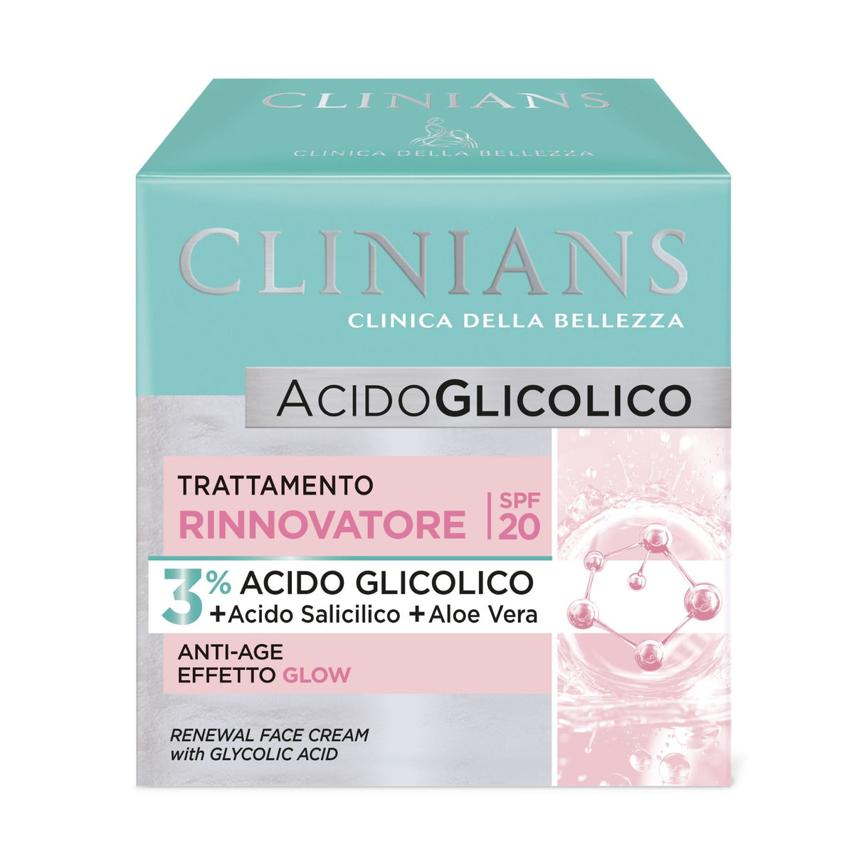 Clinians Crema Viso Rinnovatrice, 50 ml, con Acido Glicolico e SPF 20, per Pelli Spente e Secche