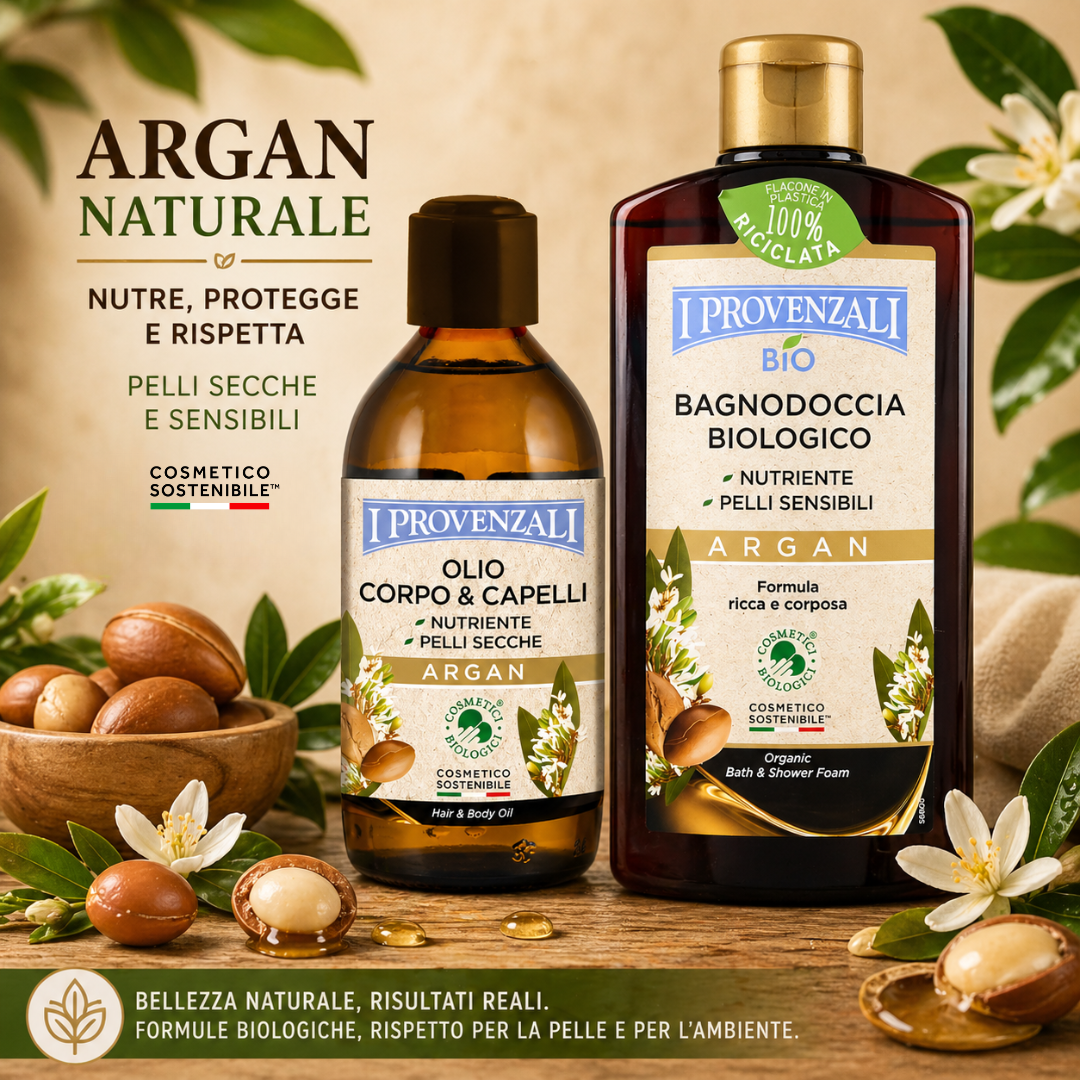 I PROVENZALI - Kit Bagnodoccia Biologico Argan e Olio Biologico Corpo e Capelli Argan - Effetto seta - 400ml + 200ml