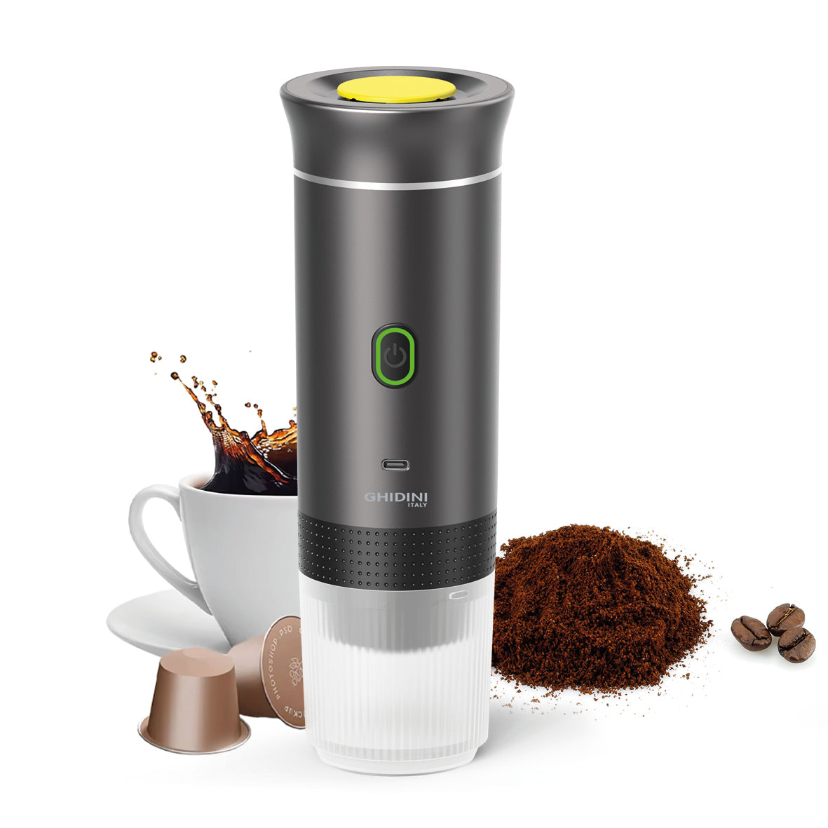 Macchina Espresso Portatile 3-in-1 - Caffè Macinato, Capsule Grandi e Capsule Piccole - 20 Bar, USB-C, Riscaldamento Rapido