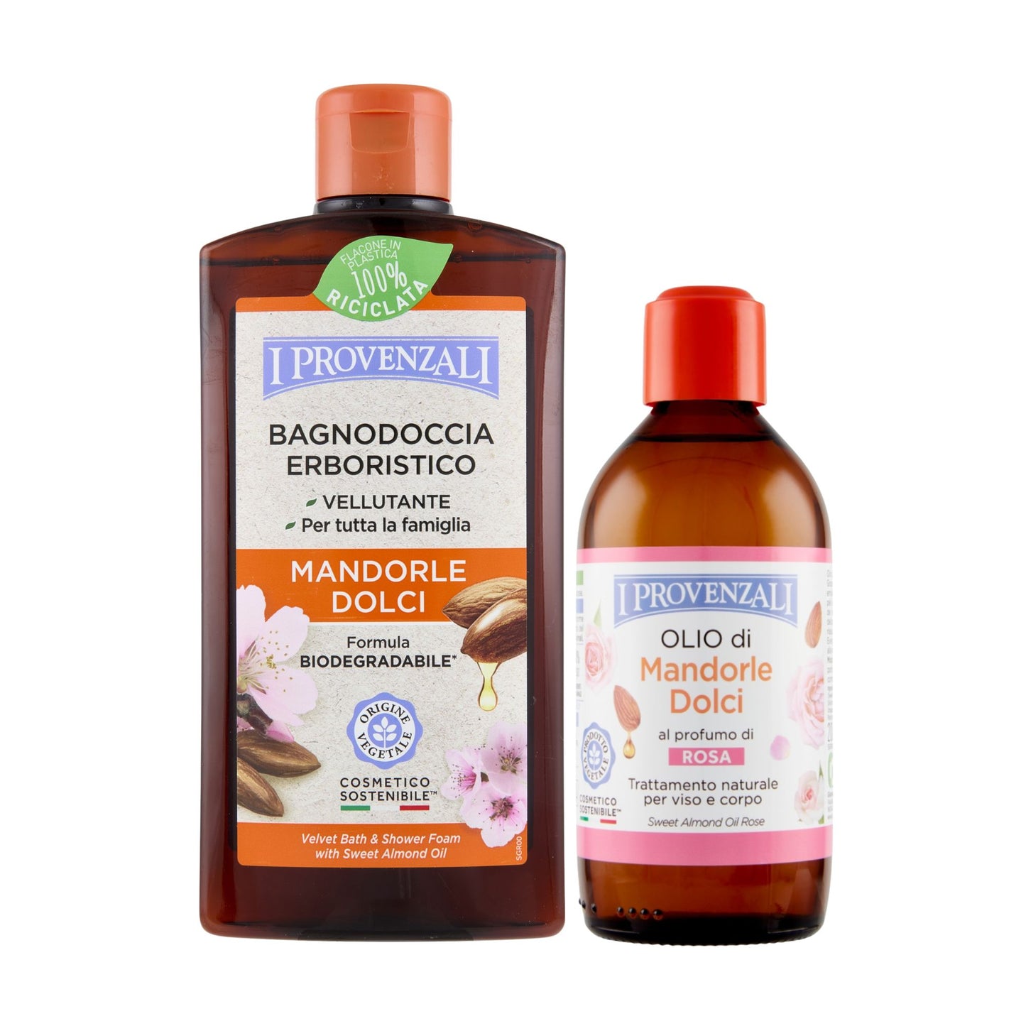 I PROVENZALI - Kit Bagnodoccia Erboristico Mandorle Dolci e  Olio Corpo e Massaggi Mandorle Dolci Profumato Rosa - 400ml + 200ml