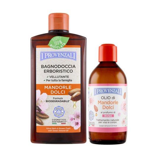 I PROVENZALI - Kit Bagnodoccia Erboristico Mandorle Dolci e  Olio Corpo e Massaggi Mandorle Dolci Profumato Rosa - 400ml + 200ml