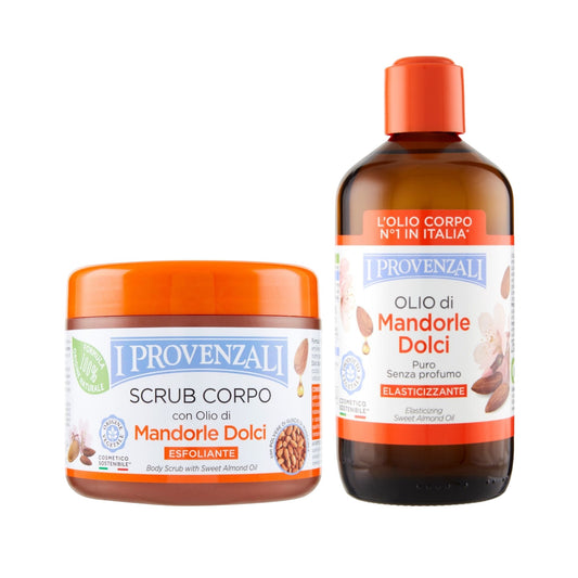 I PROVENZALI - Kit Scrub Corpo Esfoliante e Olio Corpo e Massaggi Mandorle Dolci Elasticizzante - 600gr + 250ml