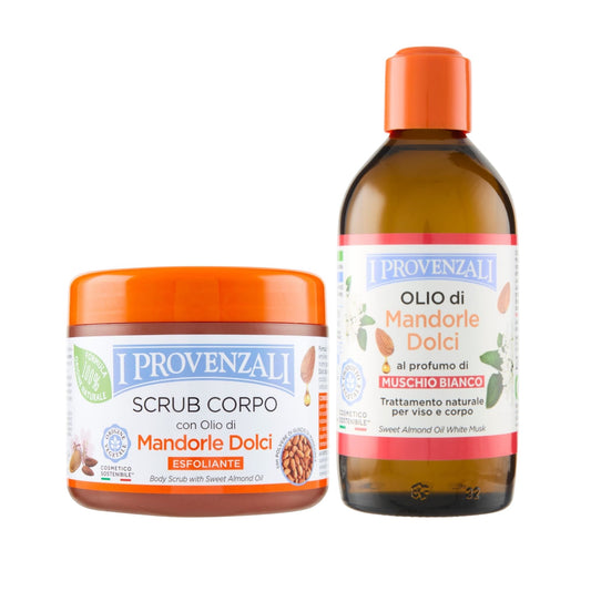 I PROVENZALI - Kit Scrub Corpo Esfoliante e Olio Corpo e Massaggi Mandorle DolciProfumato Muschio Bianco - 600gr + 200ml