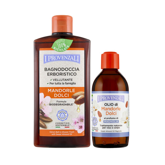 I PROVENZALI - Kit Bagnodoccia Erboristico Mandorle Dolci e  Olio Corpo e Massaggi Mandorle Dolci Profumato - Magnolia - 400ml + 200ml