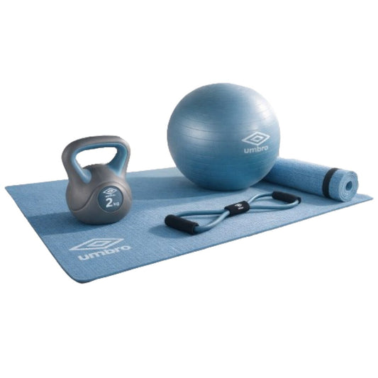 Set Fitness Umbro - Tappetino, Palla, Elastico e Kettlebell 2kg per Allenamento Completo e Funzionale-Blu