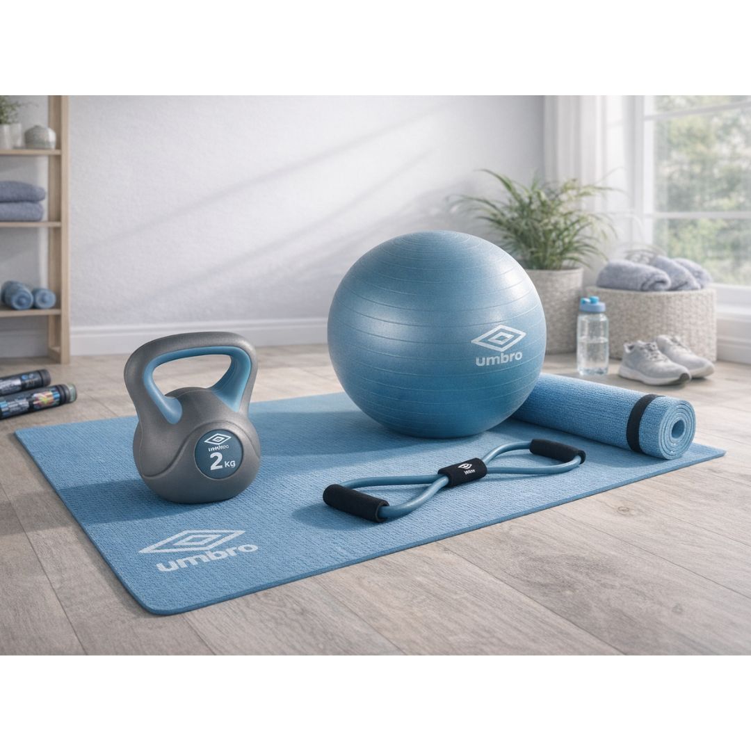 Set Fitness Umbro - Tappetino, Palla, Elastico e Kettlebell 2kg per Allenamento Completo e Funzionale-Blu