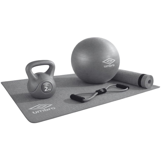 Set Fitness Umbro - Tappetino, Palla, Elastico e Kettlebell 2kg per Allenamento Completo e Funzionale-Nero