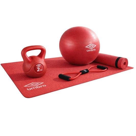 Set Fitness Umbro - Tappetino, Palla, Elastico e Kettlebell 2kg per Allenamento Completo e Funzionale-Rosso