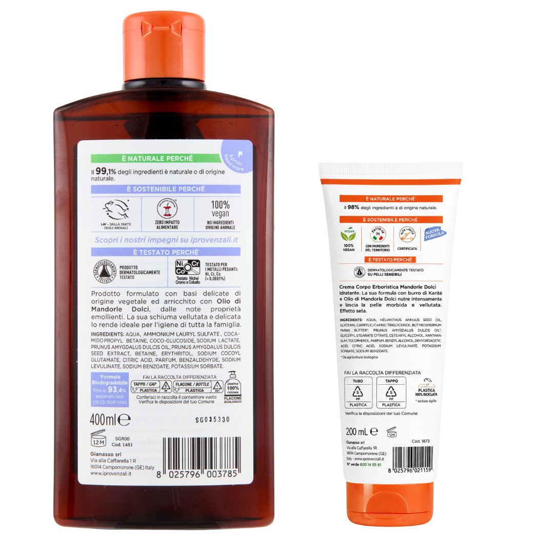 I PROVENZALI - Kit Bagnoschiuma Mondorle Dolci e  Crema Corpo Mandorle Dolci - 400ml + 200ml