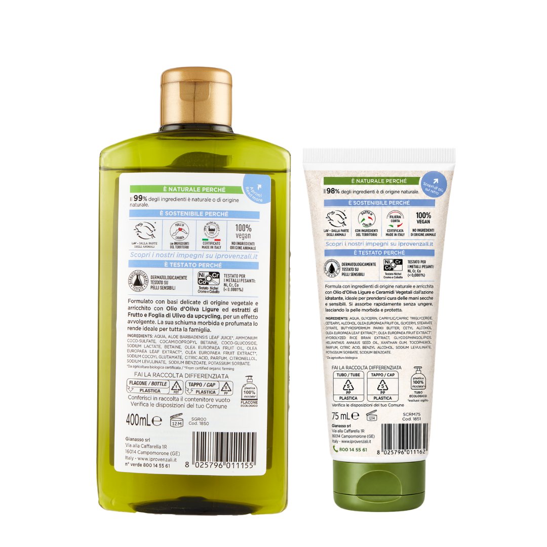 I PROVENZALI - Kit Bagnodoccia Erboristico Ulivo Ligure e Crema Mani Erboristica Ulivo Ligure - 400ml + 75ml