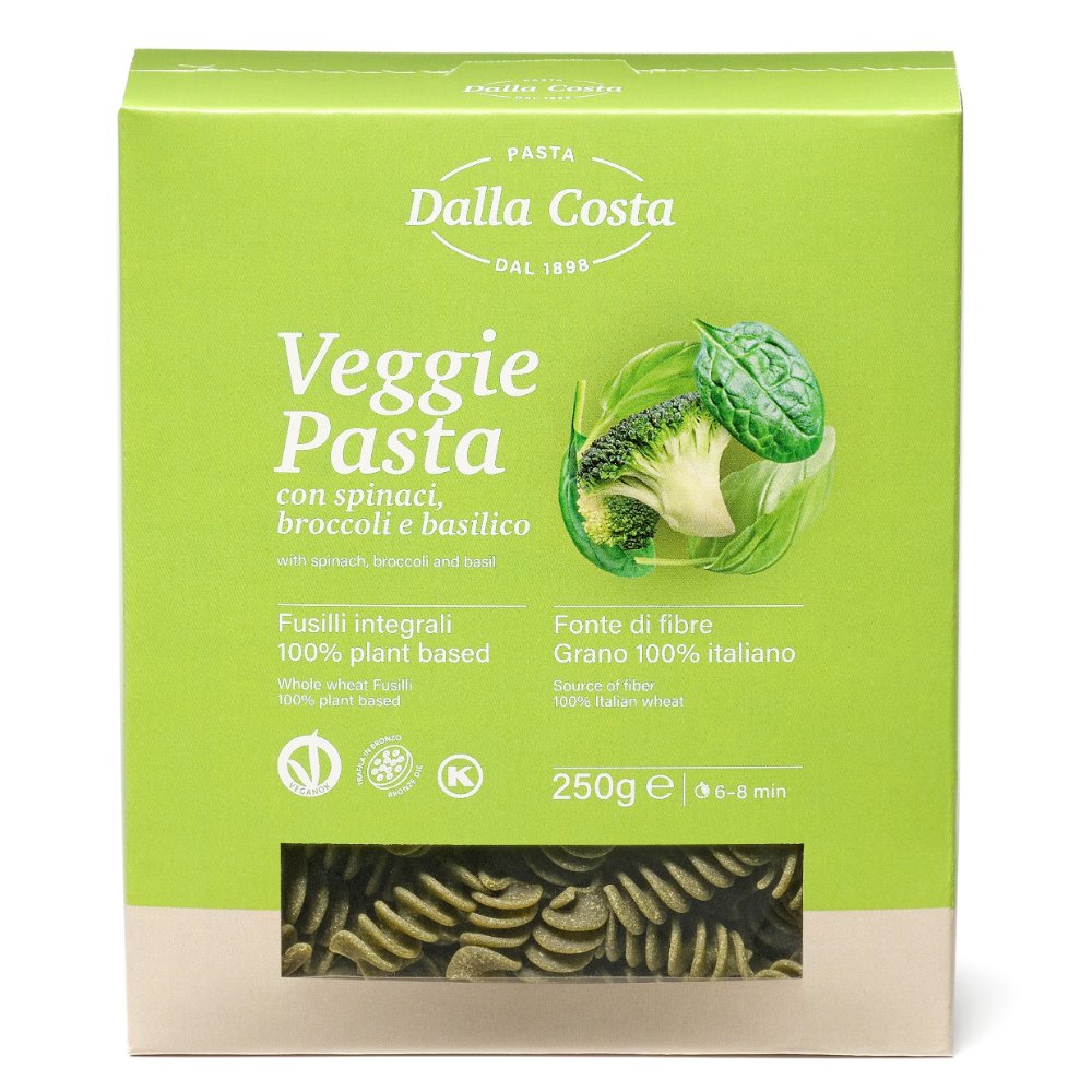 Dalla Costa Pasta Vegana Fusilli semola integrale con spinaci, broccoli e basilico confezione risparmio 8x250 grammi