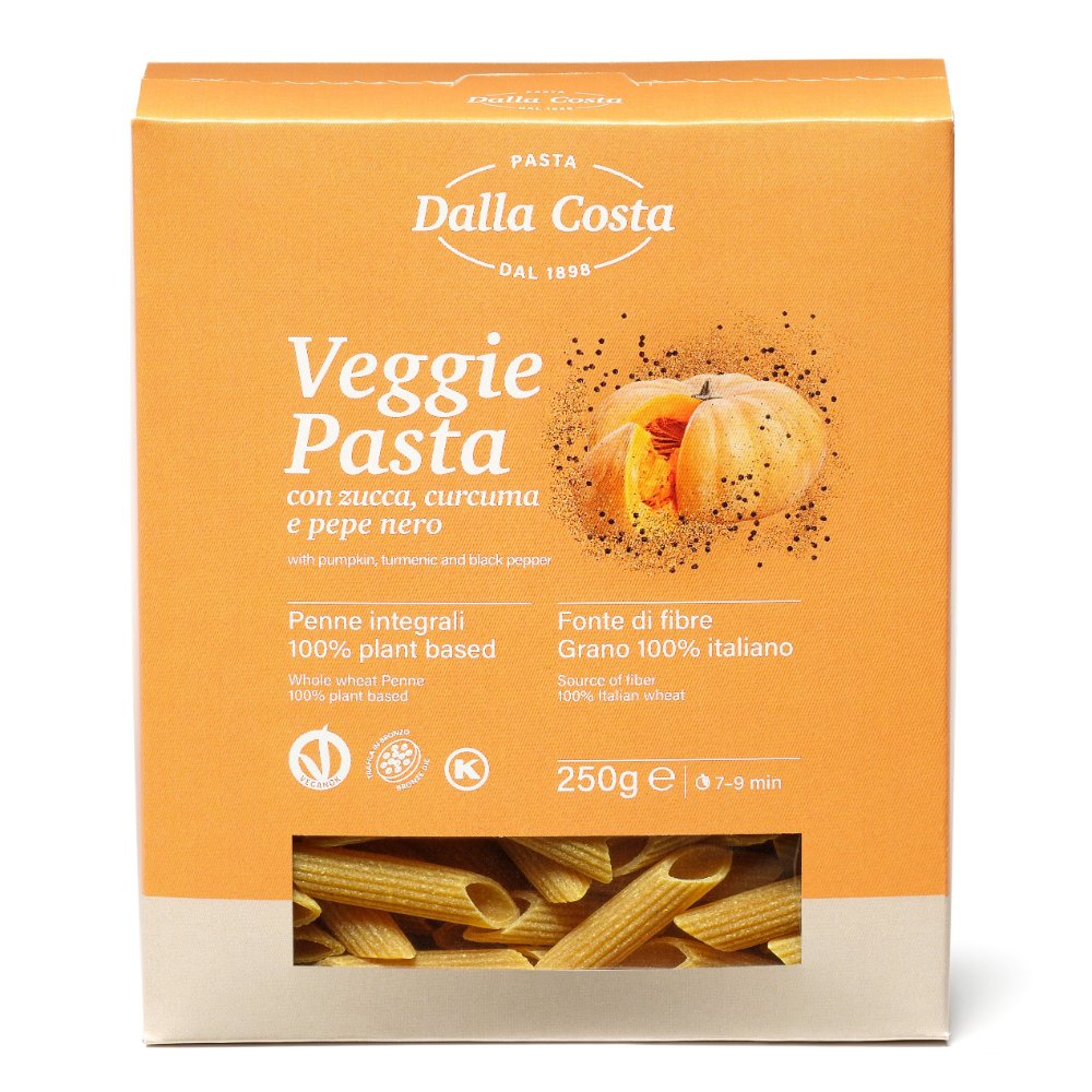 Dalla Costa Pasta Vegana Penne semola integrale con zucca, curcuma e pepe nero confezione risparmio 8x250 grammi