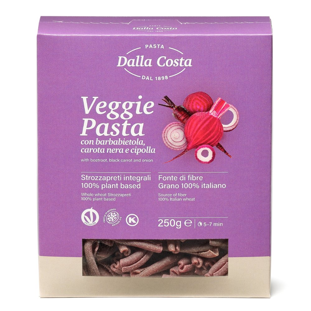 Dalla Costa Pasta Vegana Strozzapreti semola integrale con barbabietola, carota nera e cipolla confezione risparmio 8x250 grammi