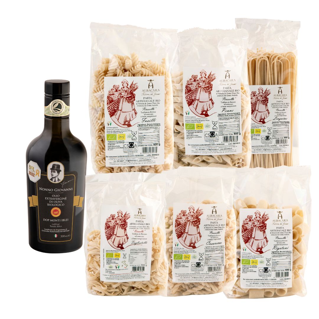 Albacara Bio Box-Olio EVO Nonno Giovanni e Pasta Tradizionale ai grani antichi di Sicilia