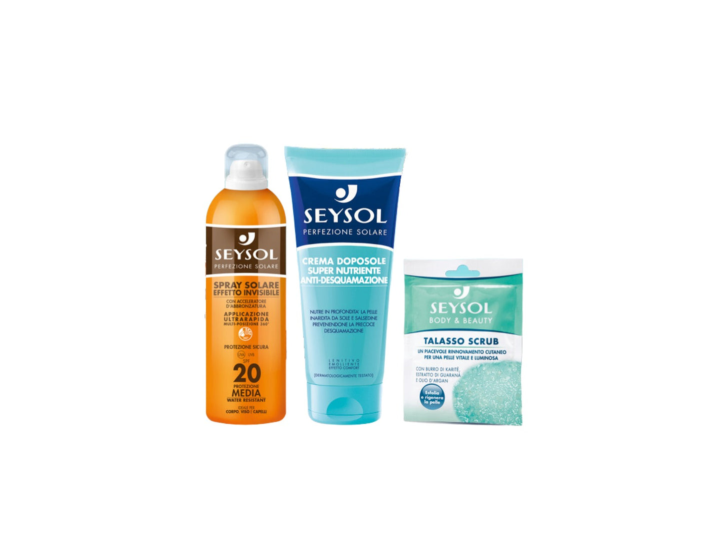 Kit Seysol Sun, Body and Beauty 3 pezzi Talasso Scrub busta monodose, Crema Doposole Supernutriente, Spray Solare effetto invisibile SPF 20